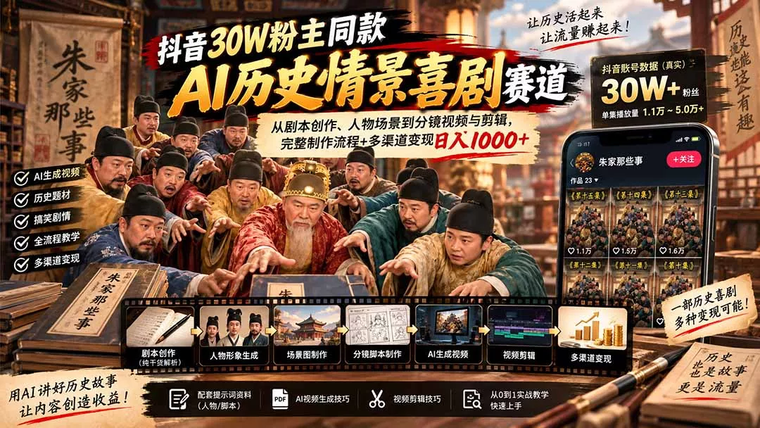 抖音30W粉博主同款AI历史情景喜剧赛道：从剧本创作、人物场景到分镜视频与剪辑，完整制作流程+多渠道变现日入1000+ - 来及网络
