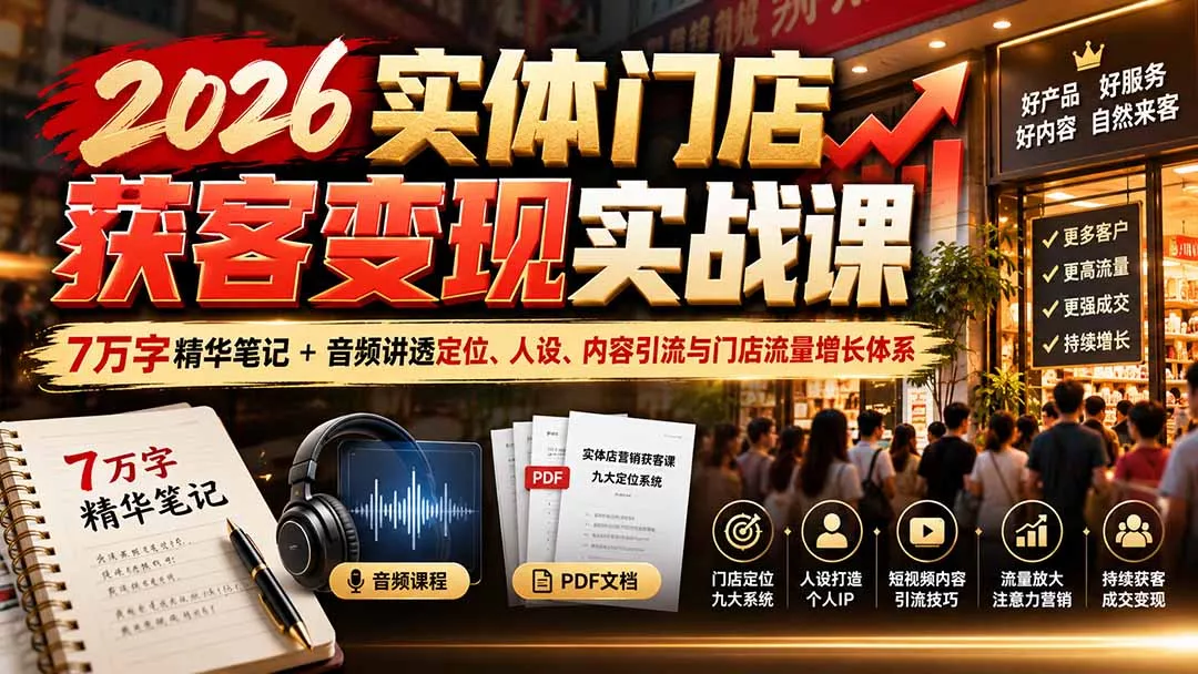 2026实体门店获客变现实战课：7万字精华笔记+音频讲透定位、人设、内容引流与门店流量增长体系 - 来及网络