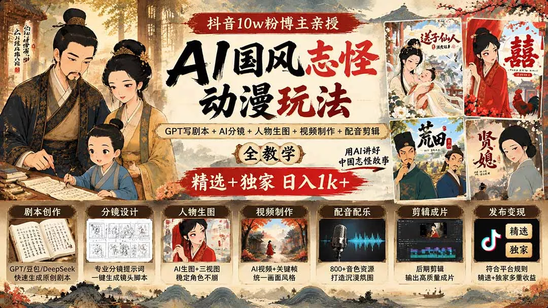 抖音10w粉博主亲授AI国风志怪动漫玩法｜GPT写剧本+AI分镜+人物生图+视频制作+配音剪辑全教学｜精选+独家日入1k+ - 来及网络