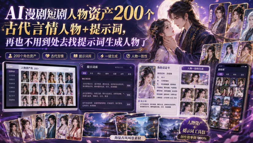 AI漫剧短剧人物资产200个古代言情人物+提示词，再也不用到处去找提示词生成人物了 - 来及网络