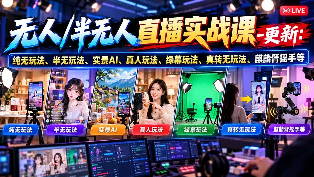 无人/半无人直播实战课-10月20更新：纯无玩法、半无玩法、实景AI、真人玩法、绿幕玩法、真转无玩法、麒麟臂摇手等 - 来及网络