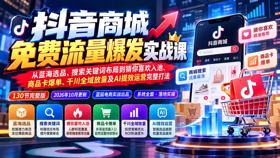 抖音商城免费流量爆发实战：从蓝海选品、搜索关键词布局到猜你喜欢入池、商品卡爆单、千川全域放量及AI提效完整打法 - 来及网络