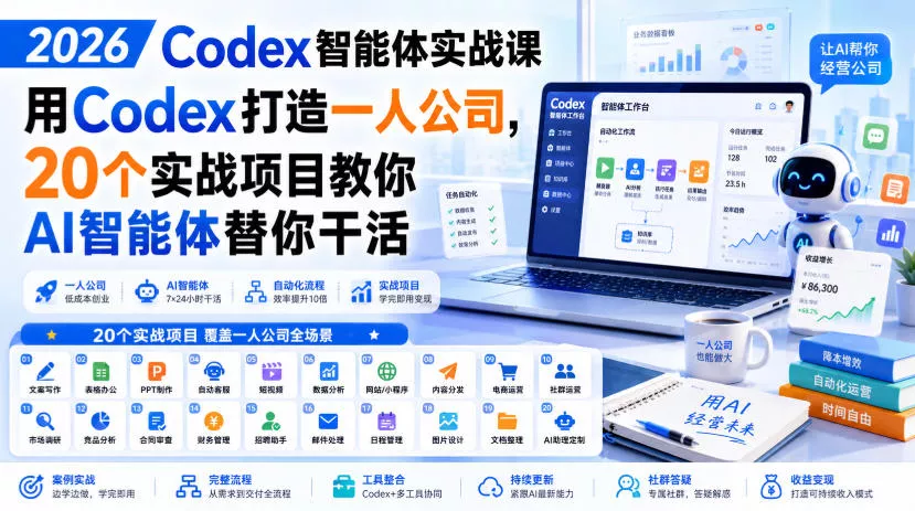2026 Codex智能体实战课，用Codex打造一人公司，20个实战项目教你AI智能体替你干活 - 来及网络