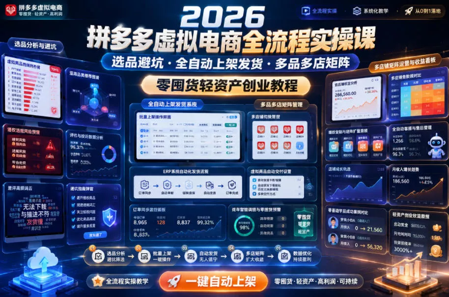 2026拼多多虚拟电商全流程实操课，选品避坑・全自动上架发货・多品多店矩阵，零囤货轻资产创业教程 - 来及网络