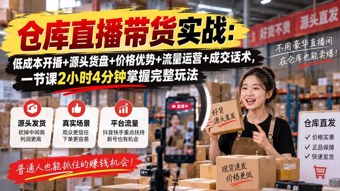 仓库直播带货实战：低成本开播+源头货盘+价格优势+流量运营+成交话术，一节课2小时4分钟掌握完整玩法 - 来及网络