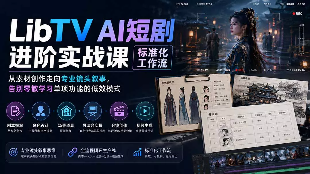 LibTV AI短剧进阶实操课标准化工作流；从素材创作走向专业镜头叙事，告别零散学习单项功能的低效模式 - 来及网络