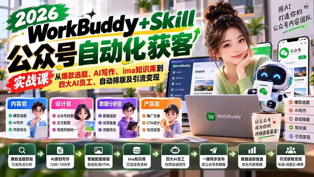 WorkBuddy + Skill公众号自动化获客实战课：从爆款选题、AI写作、ima知识库到四大AI员工、自动排版及引流变现 - 来及网络