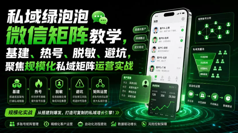 私域绿泡泡微信矩阵教学，基建、热号、脱敏、避坑，聚焦规模化私域矩阵运营实战 - 来及网络