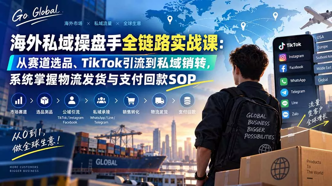 海外私域操盘手全链路实战课：从赛道选品、TikTok引流到私域销转，系统掌握物流发货与支付回款SOP - 来及网络