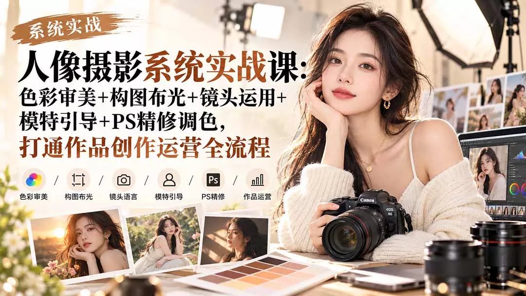 【无水印】人像摄影系统实战课：色彩审美+构图布光+镜头运用+模特引导+PS精修调色，打通作品创作运营全流程 - 来及网络
