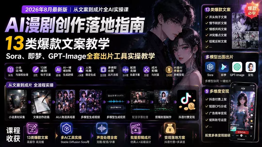 AI漫剧创作落地指南｜13类爆款文案教学，Sora、即梦、GPT-Image全套出片工具实操教学 - 来及网络