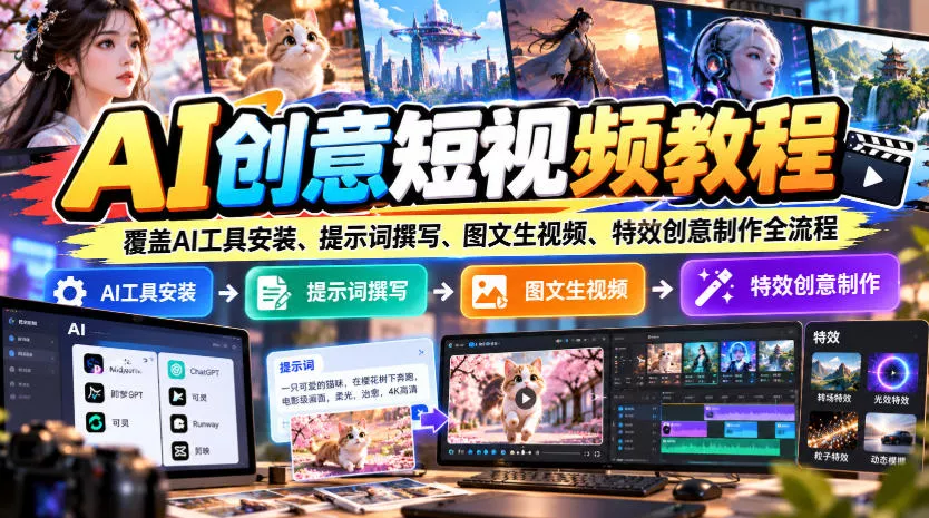 AI创意短视频教程，覆盖AI工具安装、提示词撰写、图文生视频、特效创意制作全流程 - 来及网络