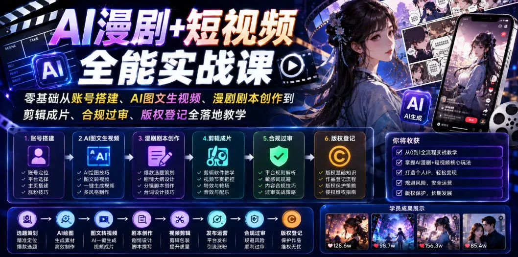 AI漫剧+短视频全能实战课｜零基础从账号搭建、AI图文生视频、漫剧剧本创作到剪辑成片、合规过审、版权登记全落地教学 - 来及网络