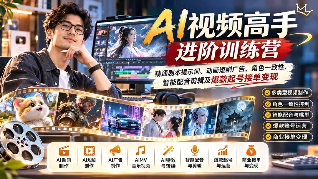 AI视频高手进阶训练营：精通剧本提示词、动画短剧广告、角色一致性、智能配音剪辑及爆款起号接单变现 - 来及网络