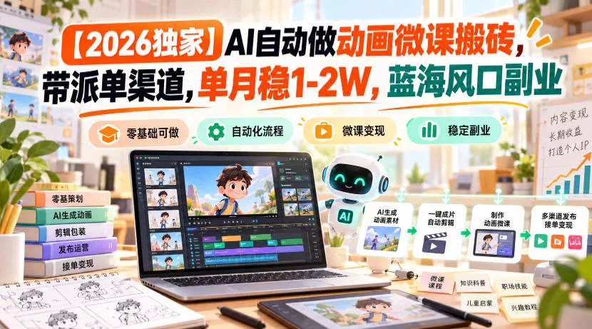【2026独家】AI自动做动画微课搬砖，带派单渠道，单月稳1-2W，蓝海风口副业【揭秘】 - 来及网络