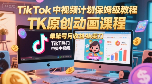 TikTok中视频计划保姆级教程，TK原创动画课程，单账号月收益4k美刀 - 来及网络