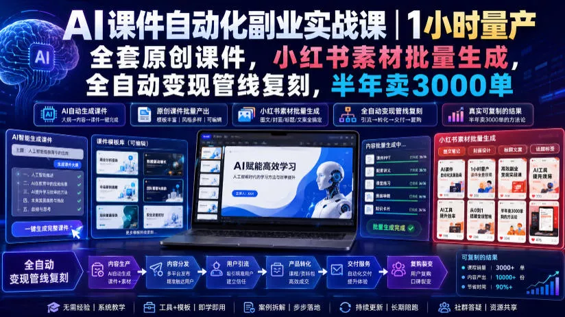 AI课件自动化副业实战课｜1小时量产全套原创课件，小红书素材批量生成，全自动变现管线复刻，半年卖3000单 - 来及网络