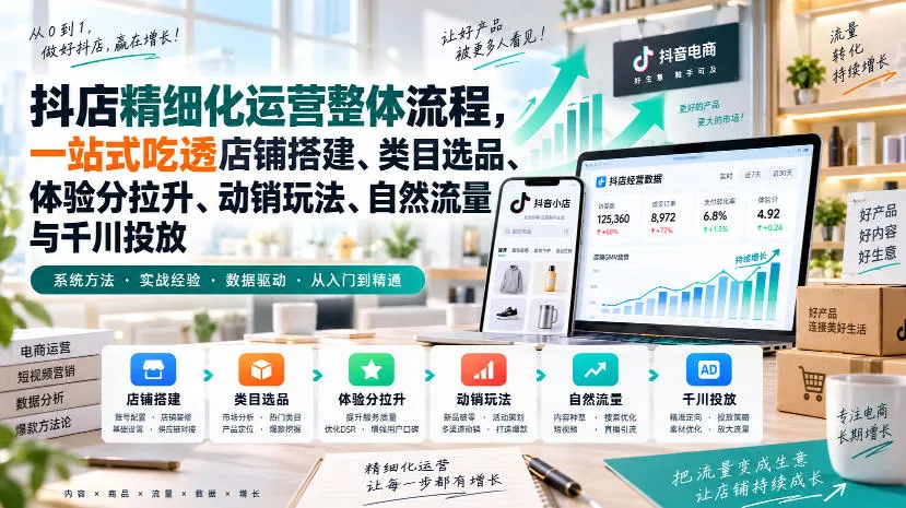 李哥电商-抖店精细化运营整体流程，一站式吃透店铺搭建、类目选品、体验分拉升、动销玩法、自然流量与千川投放 - 来及网络