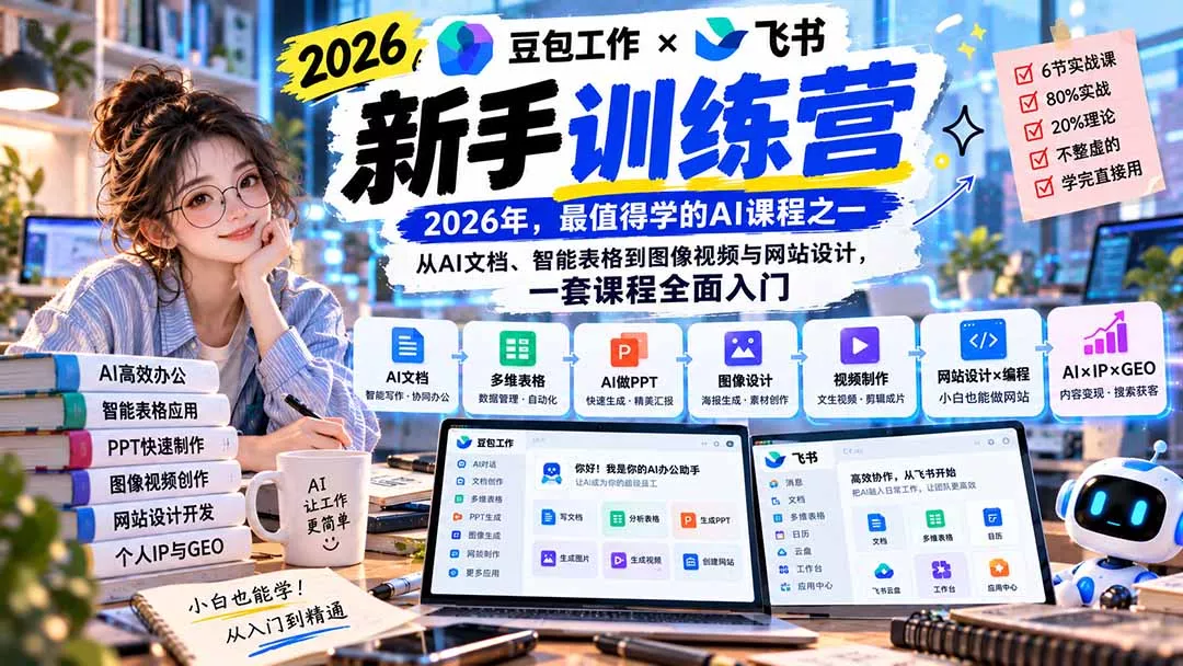 2026豆包工作+飞书新手训练营-9月新课：从AI文档、智能表格到图像视频与网站设计，一套课程全面入门 - 来及网络