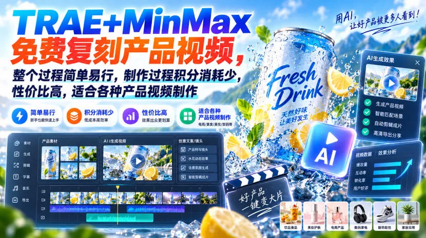 TRAE+MinMax免费复刻产品视频，整个过程简单易行，制作过程积分消耗少，性价比高，适合各种产品视频制作 - 来及网络
