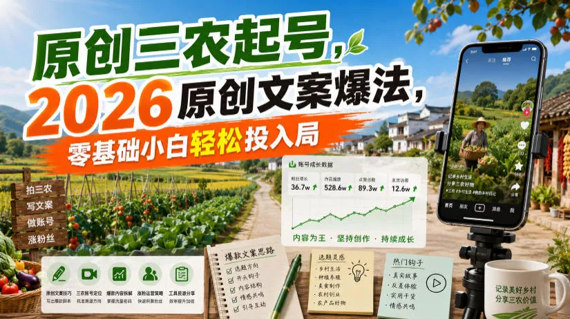原创三农起号，2026原创文案爆法，零基础小白轻松投入局 - 来及网络