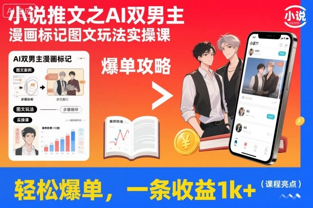 小说推文之AI双男主漫画标记图文玩法实操课，轻松爆单，一条收益1k+ - 来及网络