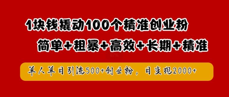 1块钱撬动100个精准创业粉，简单粗暴高效长期精准，单人单日引流500+创业粉，日变现2k【揭秘】 - 来及网络
