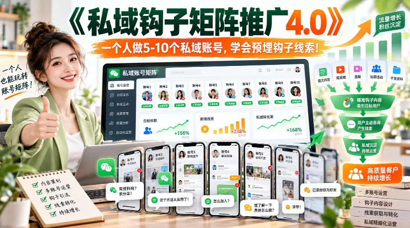 【无水印】《私域钩子矩阵推广4.0》一个人做5-10个私域账号，学会预埋钩子线索！ - 来及网络