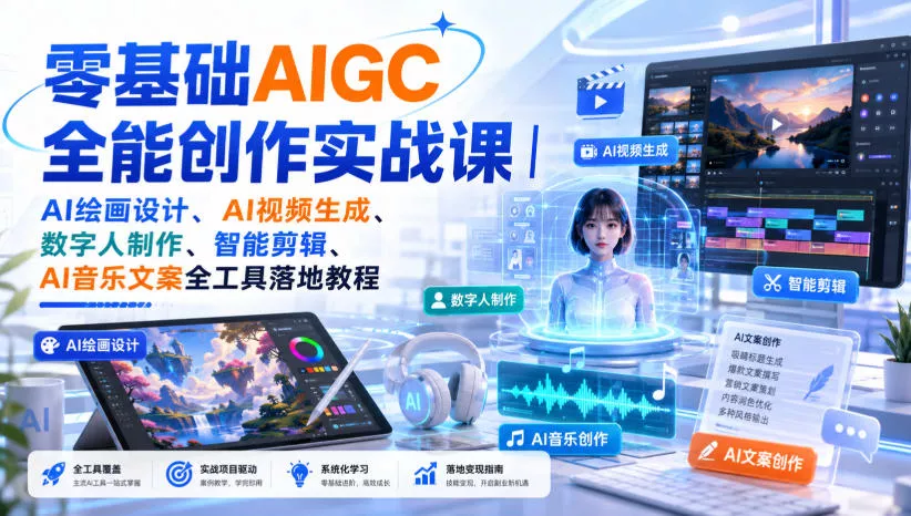 零基础AIGC全能创作实战课｜AI绘画设计、AI视频生成、数字人制作、智能剪辑、AI音乐文案全工具落地教程 - 来及网络