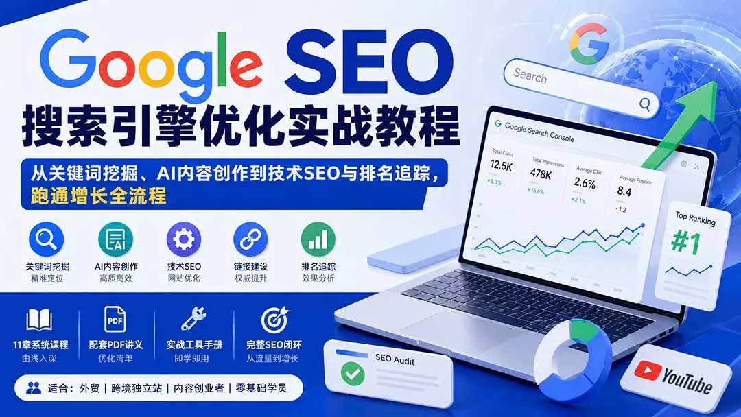 Google SEO搜索引擎优化实战教程：从关键词挖掘、AI内容创作到技术SEO与排名追踪，跑通增长全流程 - 来及网络