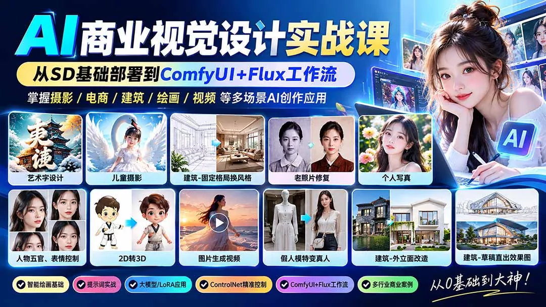 【无水印】AI商业视觉设计实战课：从SD基础部署到ComfyUI+Flux工作流，掌握摄影电商建筑AI创作 - 来及网络