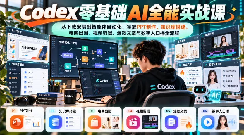 Codex零基础AI全能实战课：从下载安装到智能体自动化，掌握知识库搭建、电商出图、视频剪辑、爆款文案与数字人口播全流程 - 来及网络