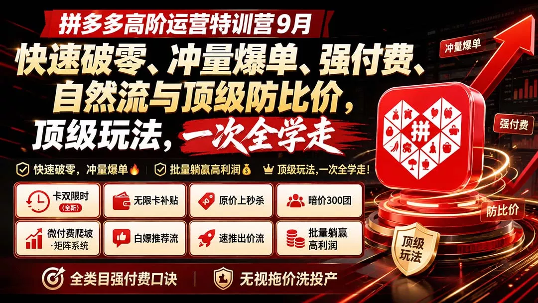 拼多多高阶运营特训营9月：快速破零、冲量爆单、强付费、自然流与顶级防比价， 顶级玩法，一次全学走 - 来及网络