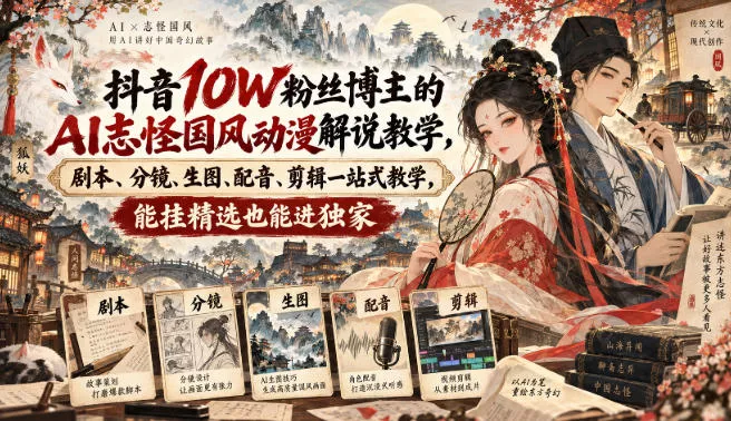 抖音10W粉丝博主满堂诡事的AI志怪国风动漫解说教学，剧本、分镜、生图、配音、剪辑一站式教学，能挂精选也能进独家 - 来及网络