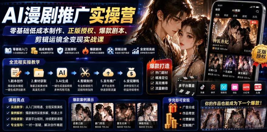 AI漫剧推广实操营｜零基础低成本制作、正版授权、爆款剧本、剪辑运镜全变现实战课 - 来及网络