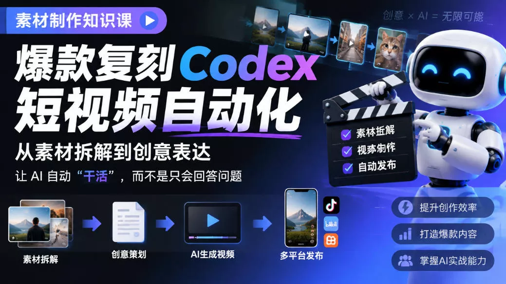 素材制作知识课，爆款复刻Codex短视频自动化，从素材拆解到创意表达，让AI自动“干活”，而不是只会回答问题 - 来及网络