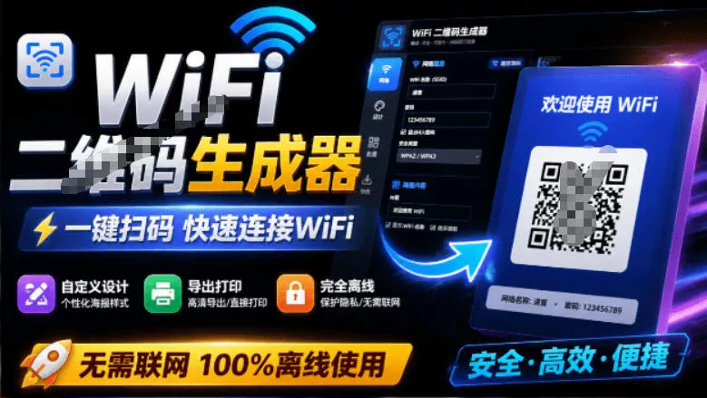 完全离线使用！WiFi二维码生成器，一键扫码快速连接WiFi，支持自定义风格导出WiFi二维码生成器 - 来及网络