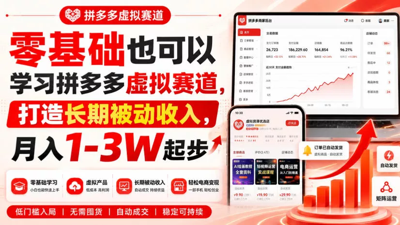 零基础也可以学习拼多多虚拟赛道，打造长期被动收入，月入1-3W起步 - 来及网络