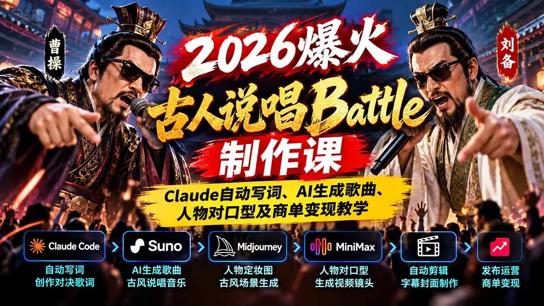2026爆火古人说唱Battle制作课：Claude自动写词、AI生成歌曲、人物对口型及商单变现教学 - 来及网络