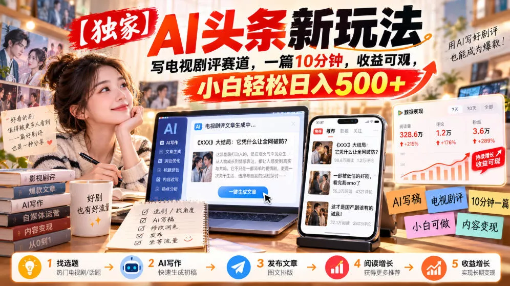 【独家】AI头条新玩法，写电视剧评赛道，一篇10分钟，收益可观，小白轻松日入500+ - 来及网络