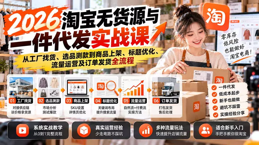 2026淘宝无货源与一件代发实战课：从工厂找货、选品测款到商品上架、标题优化、流量运营及订单发货全流程 - 来及网络