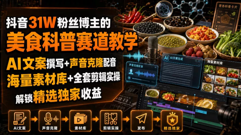 抖音31W粉丝博主的美食科普赛道教学，AI文案撰写+声音克隆配音+剪辑实操，解锁精选独家收益 - 来及网络