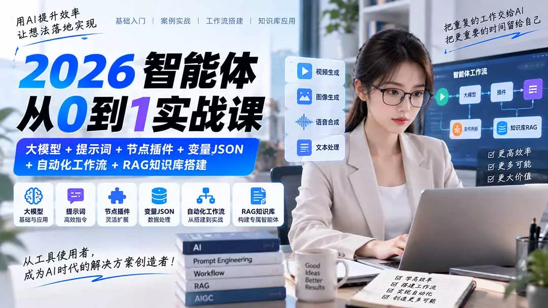 2026智能体从0到1实战课｜大模型+提示词+节点插件+变量JSON+自动化工作流+RAG知识库搭建 - 来及网络