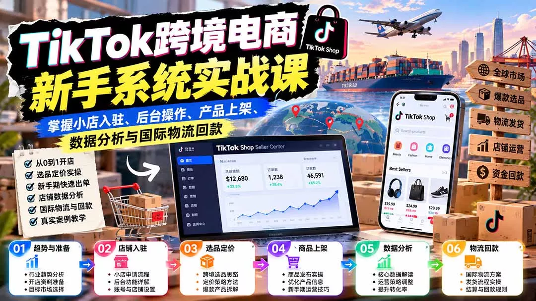 TikTok跨境电商新手系统实战课：掌握小店入驻、后台操作、产品上架、数据分析与国际物流回款 - 来及网络