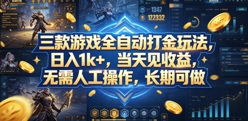 三款游戏全自动打金玩法，日入1k+，当天见收益，无需人工操作，长期可做【揭秘】 - 来及网络