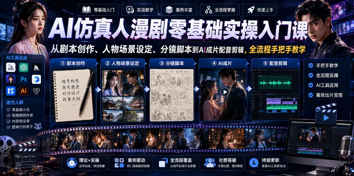 AI仿真人漫剧零基础实操入门课，从剧本创作、人物场景设定、分镜脚本到AI成片配音剪辑，全流程手把手教学 - 来及网络