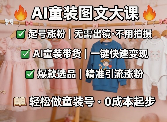AI童装图文剪辑，某社群童装图文大课，起号涨粉、AI童装带货、爆款选品，无需出镜和拍摄 - 来及网络
