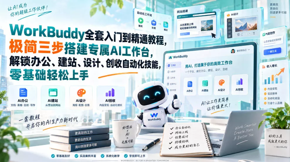 WorkBuddy全套入门到精通教程，极简三步搭建专属AI工作台，解锁办公、建站、设计、创收自动化技能，零基础轻松上手 - 来及网络