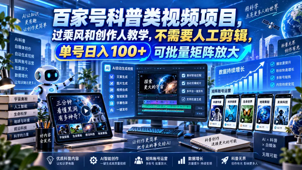百家号科普类视频项目，过乘风和创作人教学，不需要人工剪辑，单号日入100+可批量矩阵放大 - 来及网络