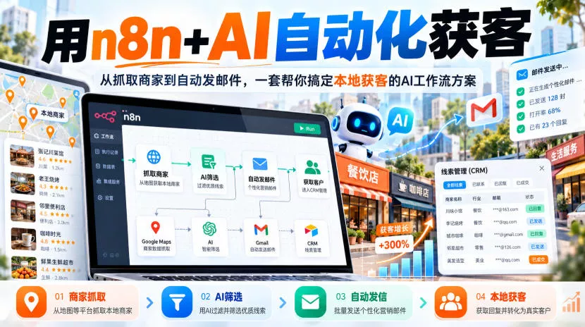 【无水印】用n8n+AI自动化获客，从抓取商家到自动发邮件，一套帮你搞定本地获客的AI工作流方案【原创双语字幕】 - 来及网络